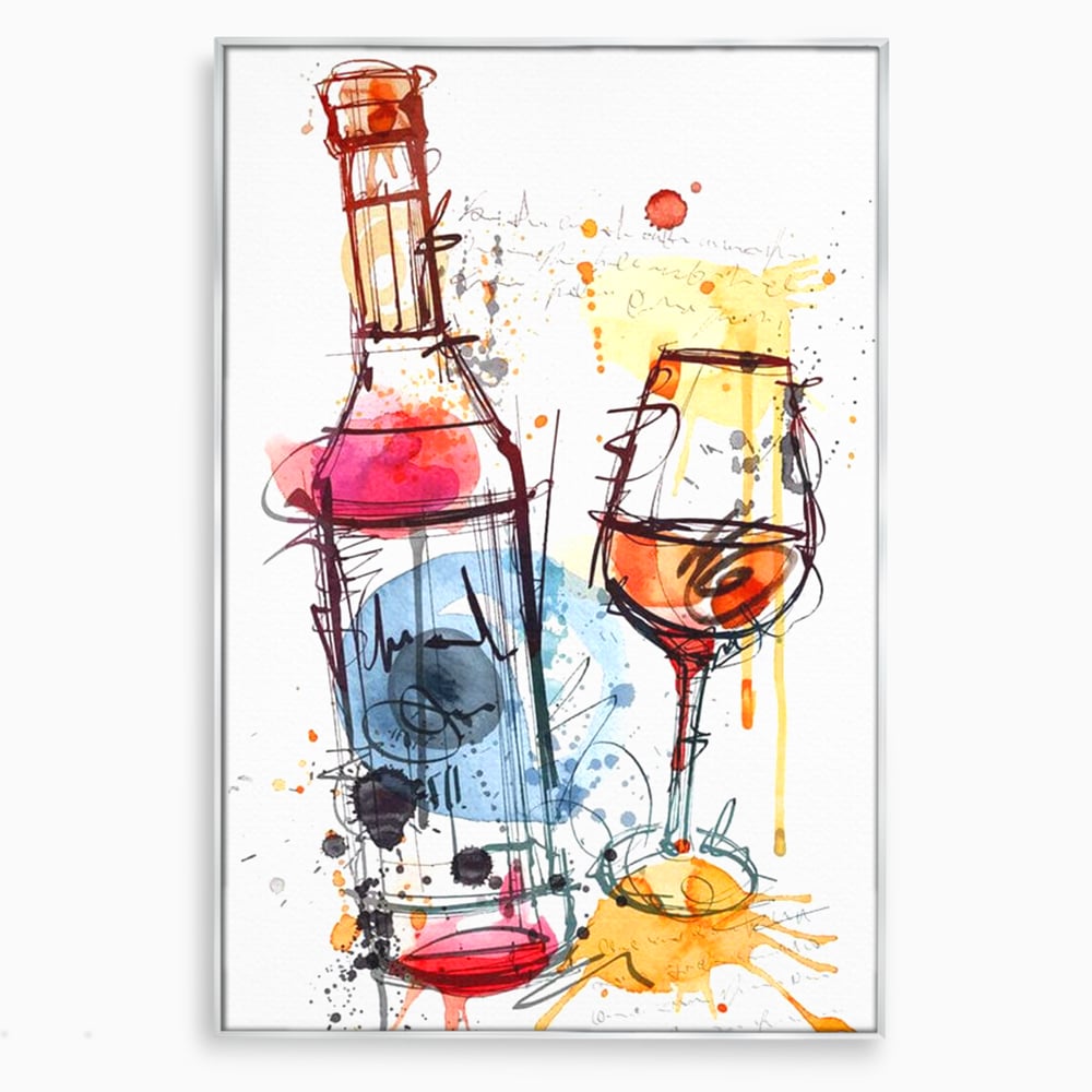 Tablou canvas cu tablou canvas cu sticla si pahar de vin, in rama de aluminiu argintiu